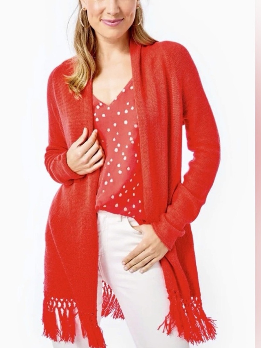 Lilly Pulitzer Medium Bright Red Open-Front Fringe Women's Sweater gold flecks